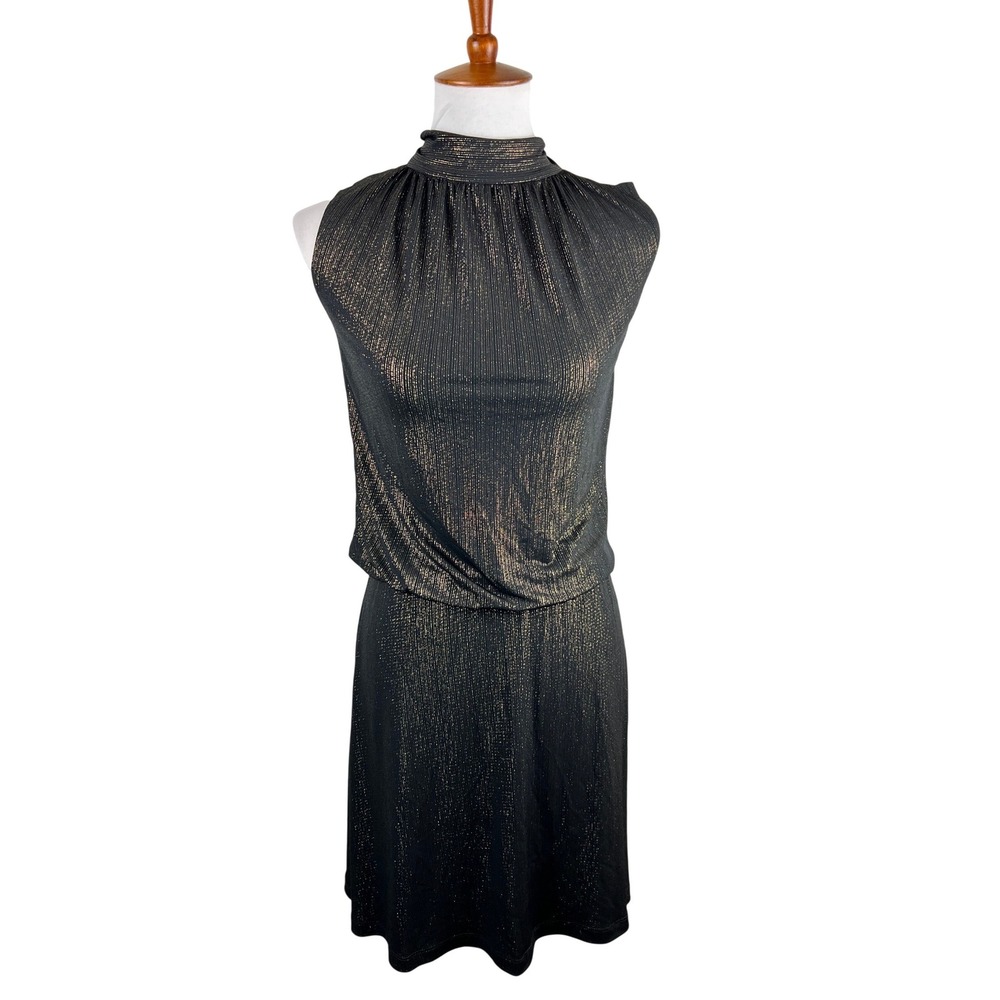 Veronica M Black‎ Gold Lurex Sparkle Mock Neck Backless Draped Cocktail Dress XS